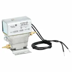 3-way air switching valve with die cast aluminum body. Operates on 120V AC, 50/60 Hz, with maximum operating pressure of 30 psi. Suitable for directing or blocking airflow in pneumatic systems such as HVAC damper control and air logic circuits.