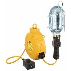 This bulb-dependent lighted cord reel provides temporary lighting and power in workshops and maintenance areas. It features a 20 ft cord with 18 AWG SVT cordage, a 5-15P feeder end, and operates at 120V AC.
