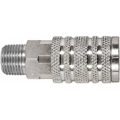 This steel quick-connect air coupling body is designed for industrial interchange applications in pneumatic systems. It features a 3/8" body size with a 3/8"-18 male thread and a sleeve locking mechanism for secure connections. Suitable for use with compressed air lines and air tools.