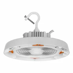 Round LED bay light, 150W, 5000K color temperature, 21,400 lumens. Operates on 120-347V AC. Designed for mounting heights of 39 to 49 feet with general distribution. Suitable for high-bay applications such as warehouses and industrial facilities.