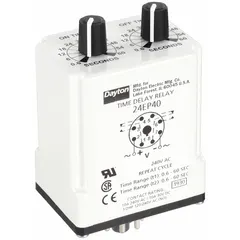 This Dayton socket-mounted time delay relay is rated for 240V AC and 10 A, with 8 pins/terminals. It is used in industrial control panels to provide single-function timing for sequencing or delaying electrical operations in automation and process control applications.