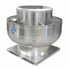 Wall-mounted belt-drive fan for kitchen exhaust, with a 24 1/2 in wheel and 2 hp open dripproof motor. Delivers 6,186 cfm at 115/230V AC, single speed. Includes drive package, square base, assembled. Suitable for high-static-pressure applications.