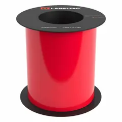 This thermal transfer continuous label roll is 6 inches wide by 25 feet long, made of vinyl with a red gloss finish. It features a magnetic adhesive backing for temporary placement on metal surfaces, suitable for indoor and outdoor use. Compatible with the LabelTac 9 printer series.
