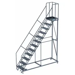 This assembled steel manual-lock ladder provides a 10 ft platform height with an 800 lb load capacity. It includes handrails and features a perforated design. The gray finish suits industrial environments. Typical applications include elevated maintenance, assembly, and warehousing tasks requiring a stable, mobile access platform.