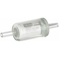 Disposable compressed air filter with nylon housing for 1/4 in tube connections. Provides 0.01 micron particulate removal at 99.99% efficiency with a flow capacity of 5.4 cfm and 1 in outside diameter. Used in pneumatic systems to protect instruments, control circuits, and sensitive equipment from contaminants.
