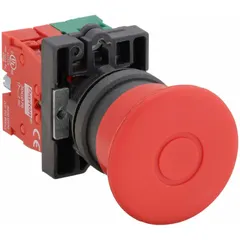 This mushroom-head push button features a maintained action and a non-metallic actuator. With a 22 mm mounting hole and pressure plate terminals, it is suited for industrial control panels requiring a positive push-to-stop function.