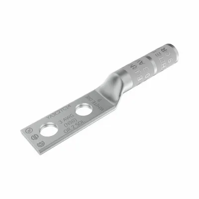BURNDY Compression Lug: For 3 AWG, Solid/Stranded Wire, 1/4 in Stud Size, Long - Two-Hole Compression Lugs