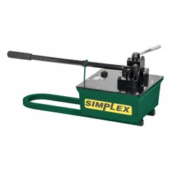 Two-stage hand pump for hydraulic fluids, compatible with double-acting cylinders. Delivers 400 psi maximum pressure in the first stage. Suitable for lifting, pressing, and clamping tasks in industrial maintenance and construction.