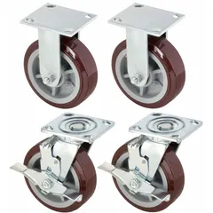This rigid plate caster kit features a 6-inch diameter polyurethane wheel with a 2-inch width, red tread, and roller bearings. It includes a side brake and hole mounting. Suitable for industrial carts, racks, and equipment requiring non-swiveling mobility.