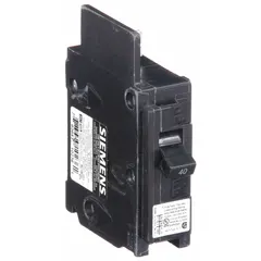 Single-pole miniature circuit breaker rated 40 A at 120V AC, bolt-on mounting, standard form factor. Provides overcurrent protection for branch circuits in electrical distribution systems. Suitable for use in Siemens panelboards.