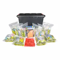This boxed emergency survival kit serves 10 people and includes (10) 2,400 Calorie Food Bars with a 5-year shelf life, (20) Nitrile Gloves, (10) 12-hour Emergency Lightsticks, (10) Emergency Whistles, and (10) Pocket Tissue Packs, all housed in a plastic container. Suitable for workplace or home preparedness during disasters