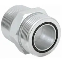 This rigid, straight steel adapter connects male ORS (O-Ring Seal) threads to male NPTF (National Pipe Taper Fuel) threads. It is used in hydraulic and pneumatic fluid systems to join components with different thread standards, providing a leak-resistant connection. The adapter has a 1 1/4 in x 1 1/4 in fitting size and is suitable for industrial applications requiring reliable sealing