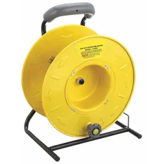 This hand-held cord storage reel is constructed of steel with a yellow finish. It accommodates up to 200 ft of 16/3 cord, suitable for organizing and storing extension cords in indoor settings such as workshops, maintenance areas, and assembly lines.