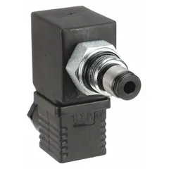 This solenoid pilot actuated valve is a replacement part for stackers. It controls fluid flow using an electromagnetic solenoid pilot, enabling precise lifting and lowering operations in material handling equipment.