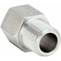 This straight pipe fitting is made of 316 stainless steel for corrosion resistance. It has a 1/2 in x 1/2 in thread size and is rated for 5,000 psi. With a length of 1 5/8 in, it is used to connect threaded pipes in high-pressure fluid systems.