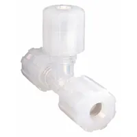 This PFA compression tee fitting creates a leak-tight branch connection in tubing systems. It accommodates three 1/8 in OD tubes and is FDA approved for food-contact applications. Suitable for high-purity fluid handling and corrosive environments