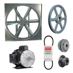 Unassembled belt-drive panel supply fan with a 24-inch blade and totally enclosed motor. Delivers 4,826 cfm at 115/208-230V AC single-phase. Suitable for general ventilation and air supply in industrial or commercial spaces where a totally enclosed motor is required.