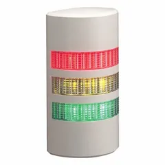 Three-tier LED tower light assembly with amber, green, and red light tiers, including an integrated sounder tier. Operates on 24V AC/DC and features an IP65 rating with direct wire connection. Used for visual and audible status indication in industrial environments such as machine status, process alarms, and production line signaling.