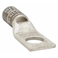 Copper one-hole compression lug for terminating 2/0 AWG stranded copper wire to a 1/2 in stud. Suitable for use in electrical panels, switchgear, and power distribution systems requiring a secure, low-resistance connection.