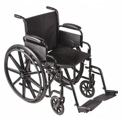 This DMI standard wheelchair features a carbon steel frame with vinyl upholstery. It includes removable armrests, swingaway footrests, and push-to-lock brakes. Suitable for patient mobility and daily transport in healthcare and home care settings.