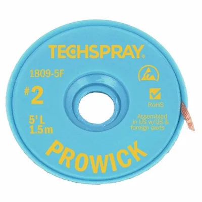 TECHSPRAY 1809-5F Rosin Flux Desoldering Braid, #2, 0.055 in, 5 ft, Yellow - Rosin Flux Desoldering Braids