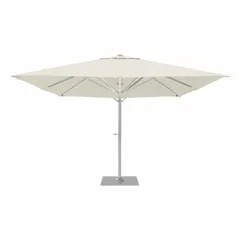 Rectangular umbrella with a white canopy and aluminum pole. Features a hand-crank opening mechanism and includes a base. Overall height is 145 1/8 inches. Suitable for providing shade on patios, decks, and outdoor seating areas.