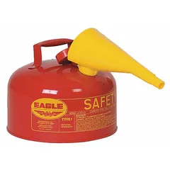 This EAGLE Type I safety can is designed for storing and dispensing flammable liquids. With a 2-gallon capacity and red finish, it includes a funnel for controlled pouring. Suitable for industrial environments such as maintenance shops, laboratories, and manufacturing facilities.