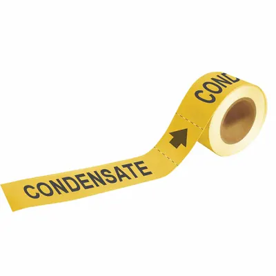 BRADY Pipe Marker: Condensate, Yellow, Black, Fits 1 1/2 to 2 in Pipe O.D., 25 Pipe Markers - Condensate Adhesive Pipe Markers on a Roll