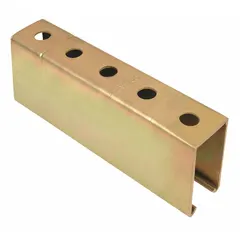 Steel single strut channel with electroplated finish, 12 ga gauge, featuring 9/16-inch diameter punched holes on one side at 1-1/2-inch center-to-center spacing. Used for supporting and securing electrical conduit, piping, and mechanical systems in industrial and commercial construction.