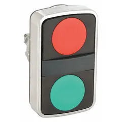 Non-illuminated multihead push-button operator with two flush-profile buttons. Features a 22 mm mounting size and momentary/momentary contact operation. Suitable for industrial control panel applications requiring momentary actuation, such as machine start/stop or mode selection.