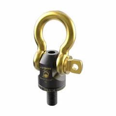 This removable-shackle hoist ring is designed for lifting and pulling operations requiring pivot and swivel movement. It features an M8-1.25 thread and a maximum load capacity of 880 lb. The shackle allows quick attachment changes. Typical applications include industrial rigging, machinery handling, and assembly line positioning.