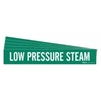 Green adhesive pipe marker with white legend reading 'Low Pressure Steam'. Designed for pipes with outer diameter 8 inches and larger. Pack of 5 includes 1 marker without arrows. Used for identifying low pressure steam lines in industrial piping systems