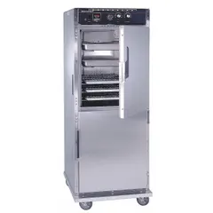 This full-size hot cabinet from CRES COR operates on 208V AC and features universal-angle shelves that accommodate various pan sizes. Designed for holding and cooking food in commercial kitchens, it does not include humidity control. The universal-angle shelf type allows flexible placement of sheet pans and hotel pans.