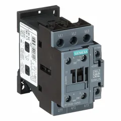 This non-reversing IEC contactor from Siemens features 3 poles and 3 normally open contacts, rated at 25 A with a 240V AC coil. It is used for switching motors, lighting, and other inductive loads in industrial automation and building management systems. No integrated surge suppression.