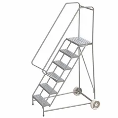 Assembled aluminum tilt-and-roll ladder with a 5 ft platform height and 350 lb maximum load capacity. Features double handrails and a gray finish. Designed for stable elevated access in industrial settings such as maintenance, material handling, and assembly tasks.