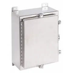This WIEGMANN enclosure is constructed from 304 stainless steel with a solid cover secured by clamps. It measures 24 x 20 x 6 inches and is rated NEMA 12/13/3R/4/4X for protection against dust, water, and corrosion. Suitable for housing electrical controls and instruments in indoor or outdoor industrial environments requiring washdown or corrosion resistance. Knockouts are not included.