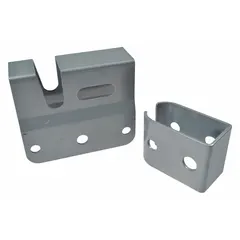 Steel handle/lock bracket with silver finish for hand truck handle and frame attachments. Used to secure the handle in a locked position, enhancing control during material handling tasks. Manufacturer part number LB-855.