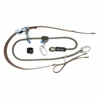 This pole climbing strap system is designed for climbing and positioning on transmission poles with a minimum diameter of 4 inches. It features a 6 ft nylon lanyard, nylon positioning strap, and steel hardware, with a weight capacity of 425 lb. Suitable for fall protection applications in utility and telecom work