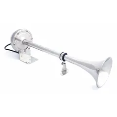 Electric-powered horn operating at 12V DC, producing a full tone with a maximum sound level of 115 dB. Features an unfinished silver finish and includes a projector support. Designed for use on off-road vehicles as an audible warning device.