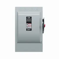 This Siemens fusible safety switch is rated for 200 A, three-phase, 240V AC, housed in a galvanized steel enclosure for indoor use. It provides a manual disconnect and overcurrent protection for electrical circuits, suitable for industrial and commercial power distribution applications.
