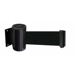 This wall-mount retractable belt barrier features a black frame and a 7 1/2 ft black belt. Designed for permanent installation, it provides visible pedestrian guidance and queue management without floor obstructions. Suitable for crowd control and securing access in various public and commercial environments.