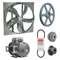 Unassembled belt-drive panel exhaust fan with drive package. Includes a 42-inch blade, 3 hp motor, and 28,101 cfm airflow at 115/230V AC single phase. Features a totally enclosed fan-cooled motor with Class F insulation, zinc-plated steel frame, and no intake guards. Suitable for high-volume air movement in industrial and commercial ventilation applications.