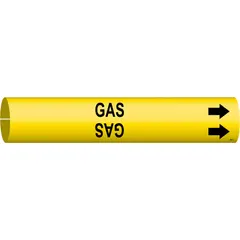 Yellow snap-on pipe marker with black 'Gas' legend and directional arrows. Fits pipe outer diameters from 3/4 to 1-3/8 inches. Used to identify gas lines and indicate flow direction in piping systems.