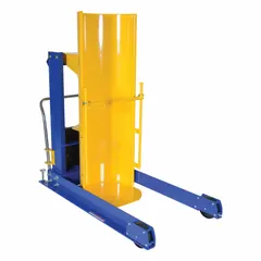 Hydraulic-powered drum dumper on casters for 55-gallon metal drums. Steel chute and housing, clamp securing mechanism. Operates on 115V AC via power cord. Used for lifting, transporting, and pouring drums into elevated containers or mixers.