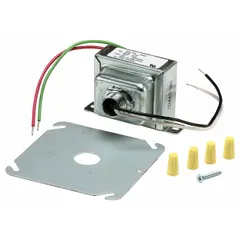 Open-style Class 2 transformer with 208V AC primary input and 24V AC secondary output. Rated 40 VA with wire lead connections on both primary and secondary sides. Features a primary fuse for overcurrent protection and plate mounting. Suitable for powering low-voltage controls in HVAC, boiler, and industrial automation systems.