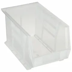 This clear plastic bin from QUANTUM STORAGE SYSTEMS has a 60 lb load capacity and measures 8 1/4 in x 13 5/8 in x 8 in. It is not electrostatic discharge conductive and contains 0% recycled content. Suitable for organizing small to medium parts in industrial, warehouse, and workshop settings, its design allows placement on louvered panels or shelving.