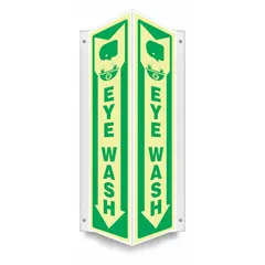 This V-shape projection sign is designed to mark emergency eyewash stations. Made of PETG, it measures 18 in x 7 1/2 in nominal size with a thickness of 0.07 in. The sign features mounting holes for installation and is glow in the dark for visibility in low-light conditions. It is not retroreflective.