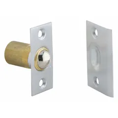 Brass ball-type grab catch with pull opening action. Height 1 3/8 in, width 1 in. Used to secure doors on cabinets, enclosures, and access panels in industrial environments.
