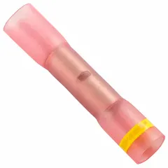 Insulated butt splice connector with heat shrink tubing for joining two wires end-to-end. Rated 600 V, accommodates wire sizes 12 AWG to 8 AWG. The heat shrink sleeve provides environmental sealing against moisture and corrosion. Pack of 25.