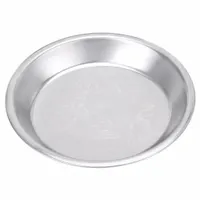 Uncoated aluminum pie pan with a 9 3/4 in overall diameter and 1 1/4 in overall depth. Features a closed bead closure and solid perforation. Suitable for baking pies in commercial kitchens and food service operations